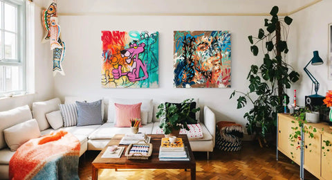 Colorful living room with vibrant artwork and plants.