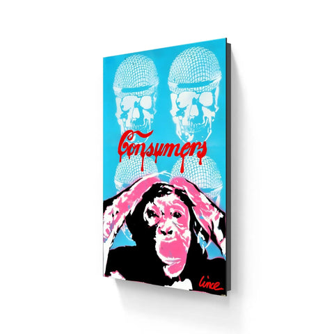 Pop art style canvas featuring a chimpanzee and skull designs in turquoise, black, and pink with text reading ’Consumers.’