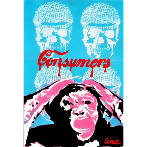 Pop art style poster featuring a chimpanzee’s face with microphone-shaped skulls above it and red ’Consumers’ text.