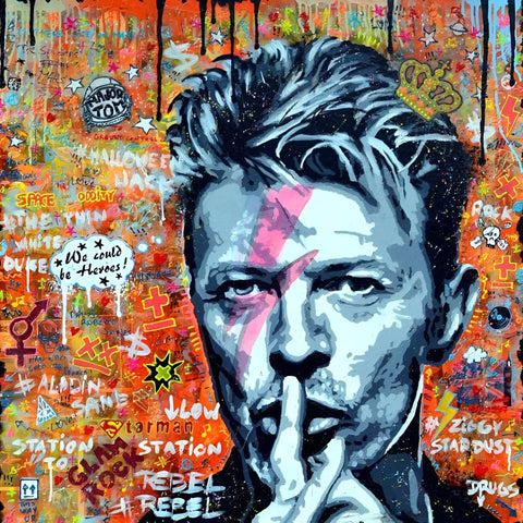 Portrait artwork in a graffiti style featuring a monochromatic figure with a pink lightning bolt marking against a vibrant graffitied background.