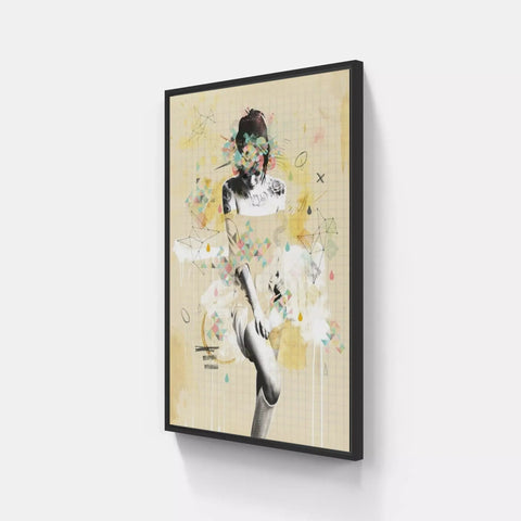 A framed print of a woman with flowers on her head