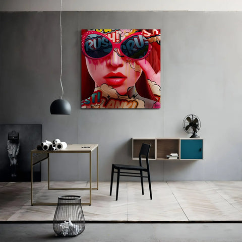 A woman with sunglasses on her face and a table with a chair