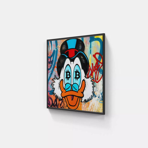 A painting of a duck with a blue nose and a red nose