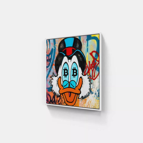 A painting of a duck with a blue nose and a red nose