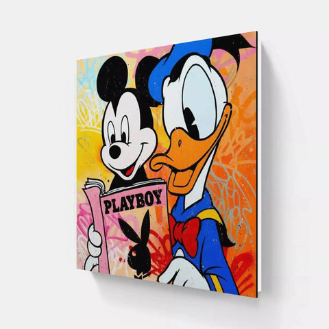 A painting of mickey and pluto reading a book