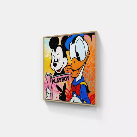 A painting of a mickey mouse holding a cup