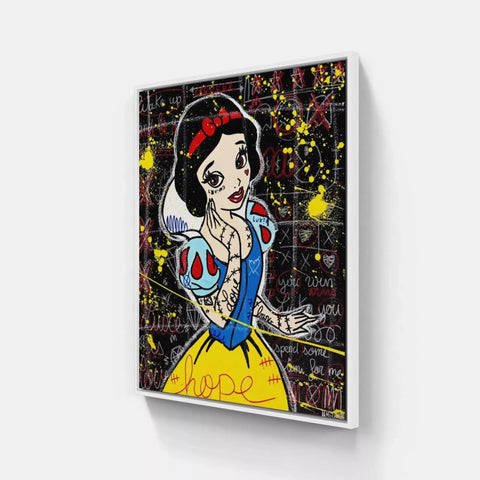 A close up of a painting of a snow white with a red bow