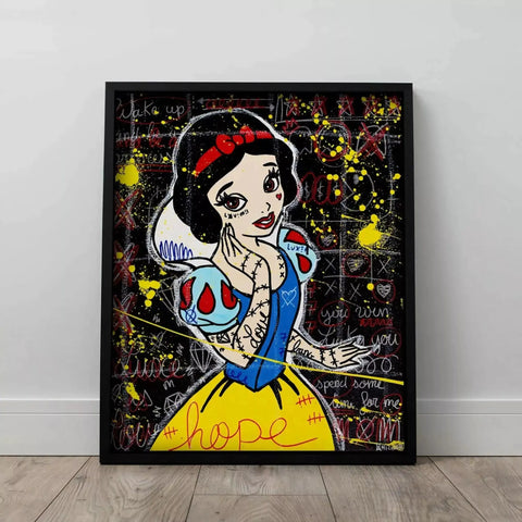 A picture of a painting of snow white with a red bow