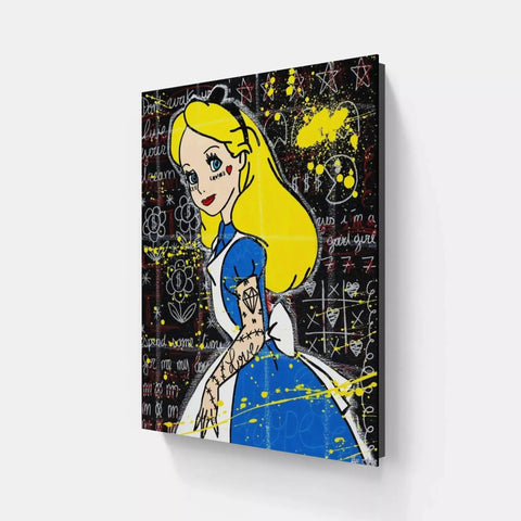 A painting of a girl with yellow hair and blue dress