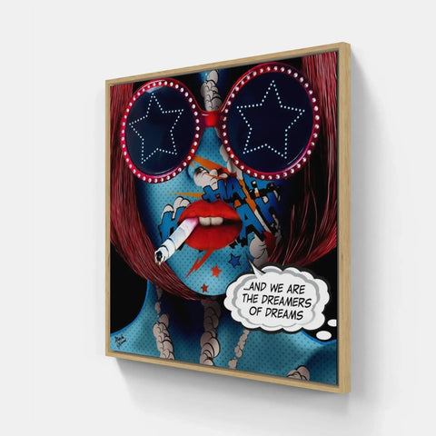 A framed print of a woman with sunglasses and a speech bubble