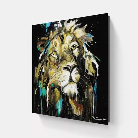 A painting of a lion on a black background