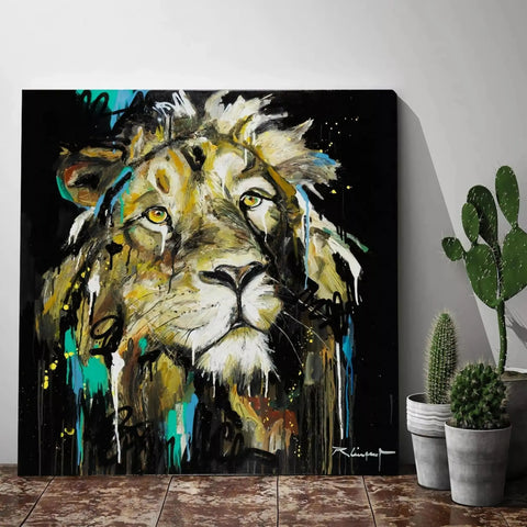 A painting of a lion on a wall