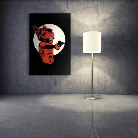 A painting of a dog with a red nose and a black background