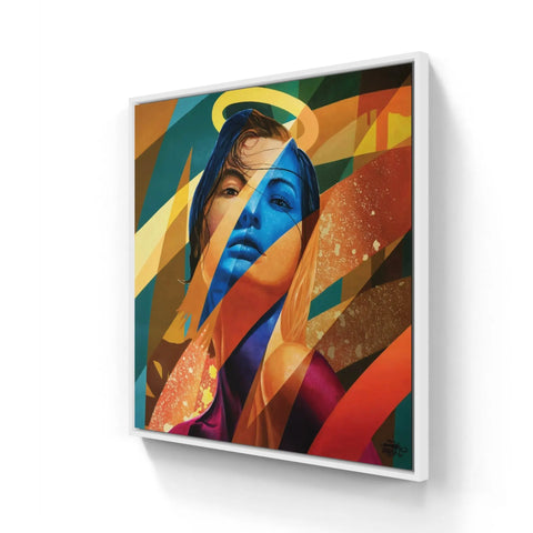 Colorful abstract portrait painting with geometric shapes and vibrant hues.