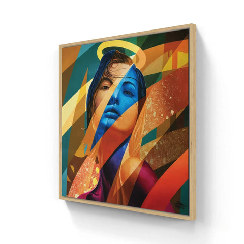 Colorful abstract portrait painting with geometric shapes and vibrant hues.