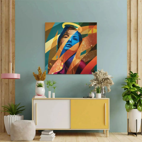 Vibrant abstract portrait painting featuring bold colors and geometric shapes.