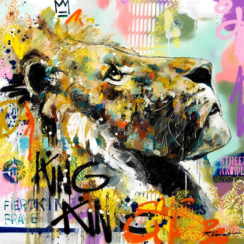 A painting of a bear with colorful paint strokes