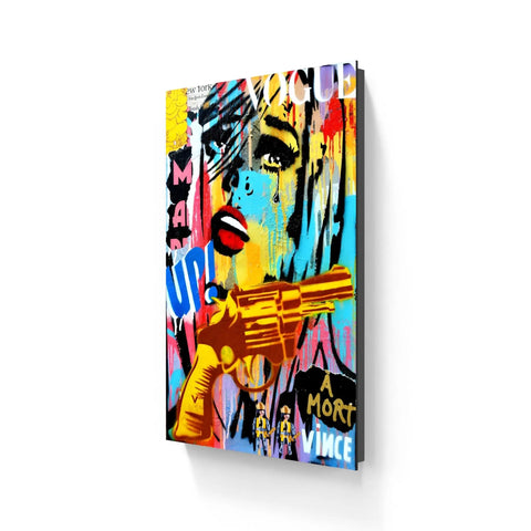 Colorful pop art style canvas featuring an abstract portrait with vibrant blues, yellows and reds.