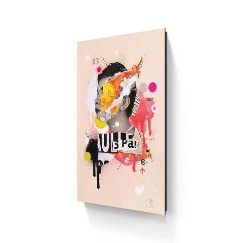 Abstract mixed media artwork on canvas featuring colorful splashes, text, and geometric elements.