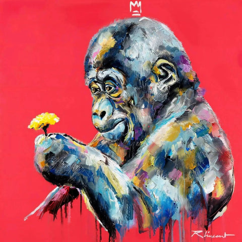 A painting of a gorilla holding a flower