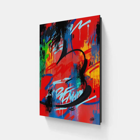 A red and blue abstract painting on a white wall