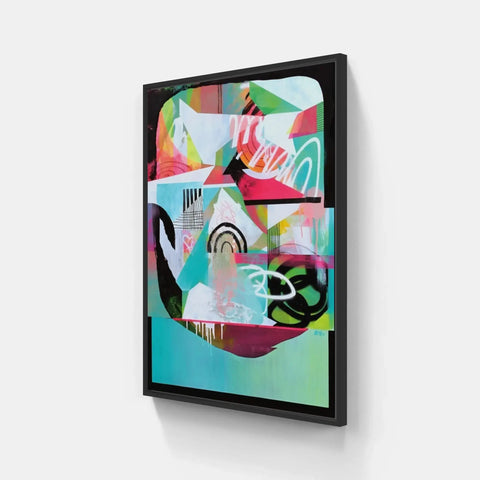 A framed painting on a wall with a colorful abstract design