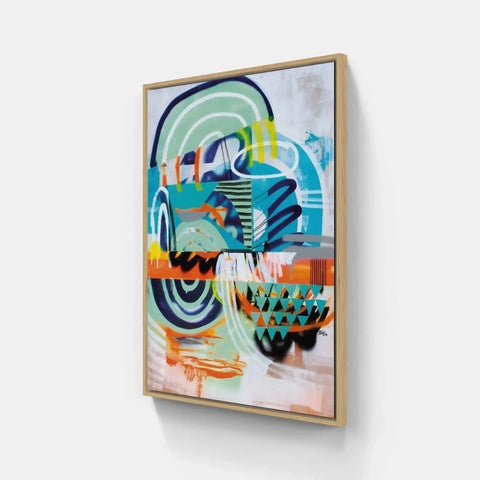 A painting on a wall with a wooden frame