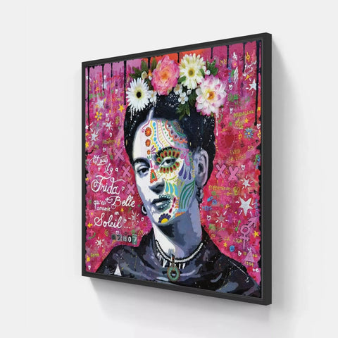 A framed print of a woman with flowers on her head