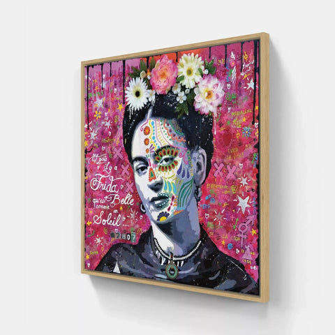 A framed print of a woman with flowers on her head