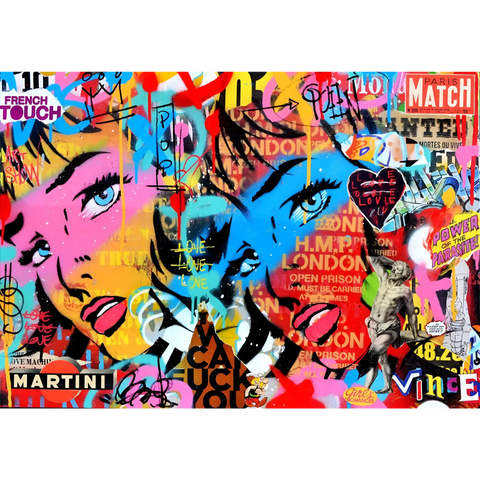 Vibrant pop art graffiti featuring stylized faces with bright pink and blue tones amid text and street art elements.