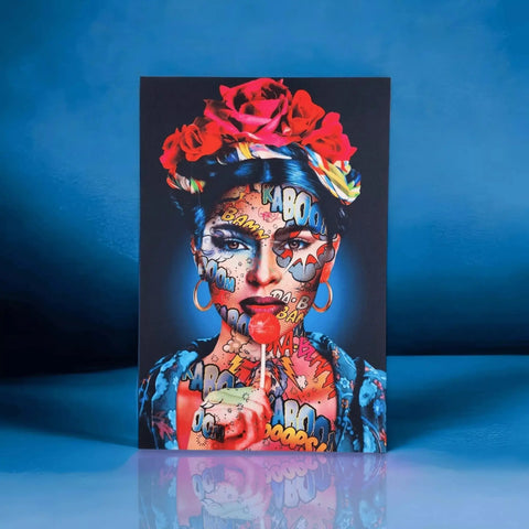 A card with a woman’s face painted in bright colors