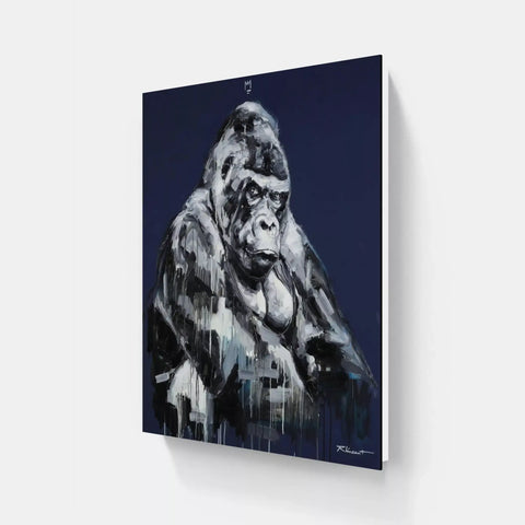 A painting of a gorilla on a blue background