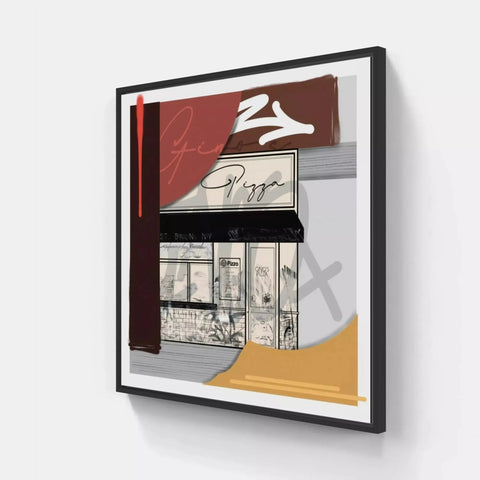 A framed print of a storefront with a red and yellow background