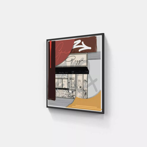 A framed print of a house with a red and yellow wall