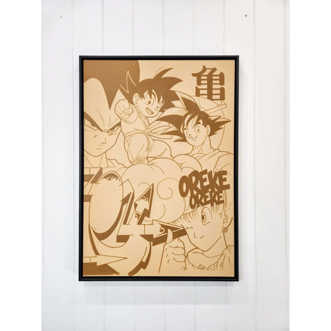 A framed artwork piece with a drawing of two characters