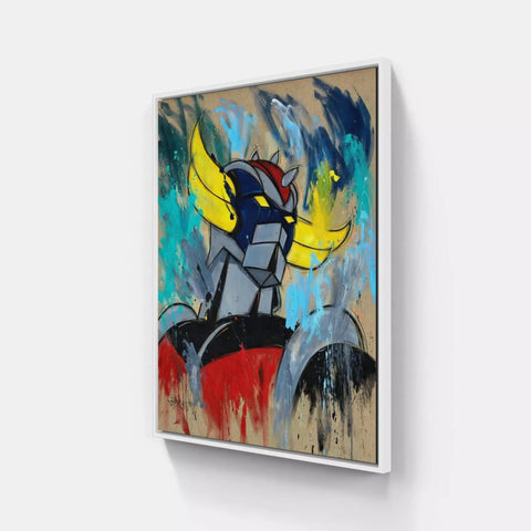 Painting of a robot with a yellow tail on a wall