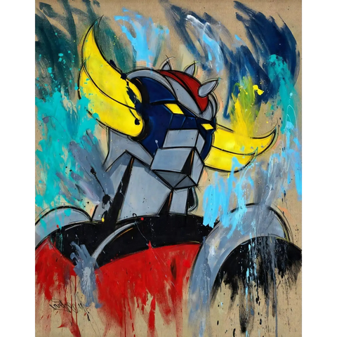 A painting of a robot with a red hat