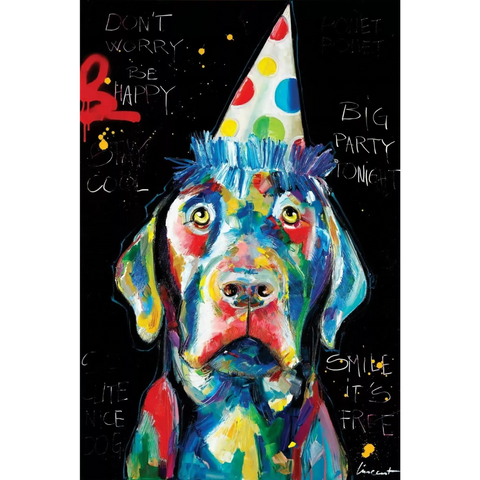 A painting of a dog wearing a party hat