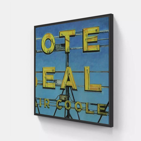 A framed canvas with the words’outfall’in yellow letters