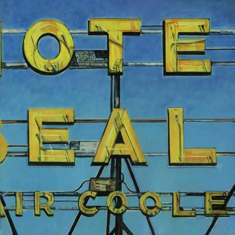 A painting of a motel sign with the words motel