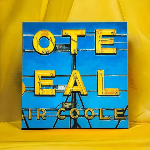 A painting of a yellow and blue sign that says,’ote fall ’