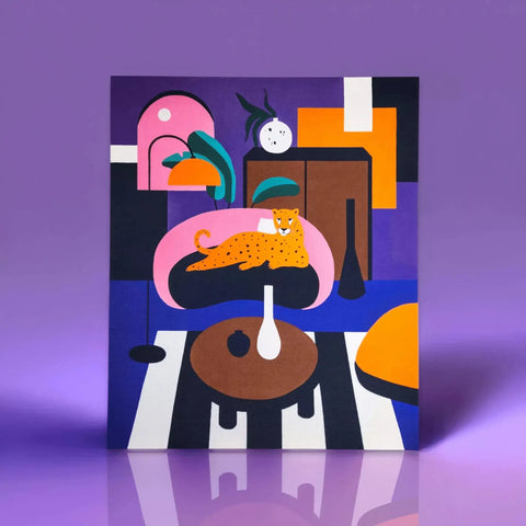 Purple and orange abstract painting of a cat sleeping on a table