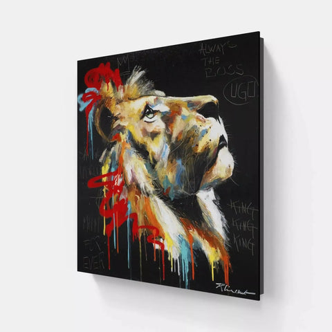 A painting of a lion on a black background