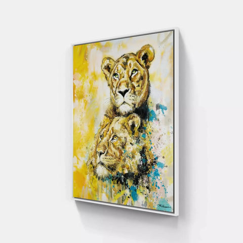 A painting of two lions on a wall