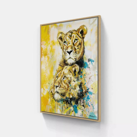 A painting of two lions on a wall