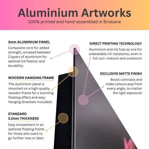 Triangular aluminum artwork panel with a dark mountain or peak design.