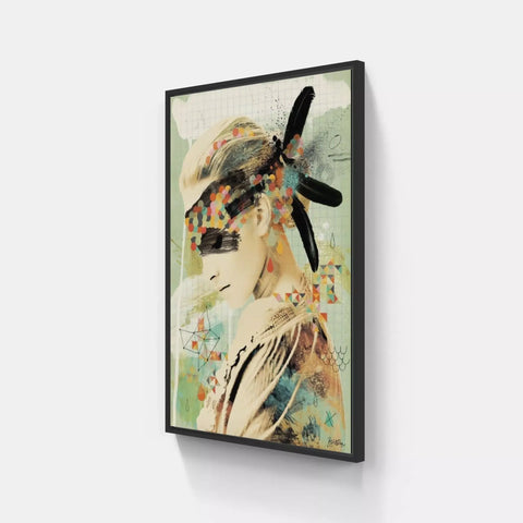 A woman with a hat on her head, framed canvas