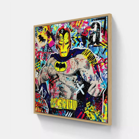 A framed painting of a superhero with graffiti on it