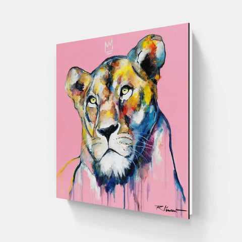 A painting of a lion on a pink background