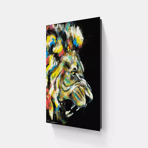 A painting of a lion on a black background